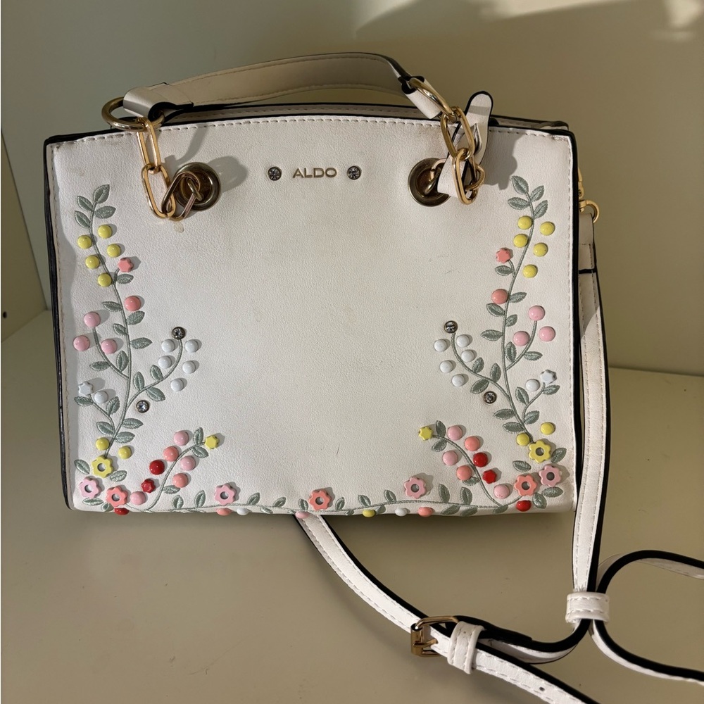 Aldo White and Pink Crossbody Bag with Floral Embroidery